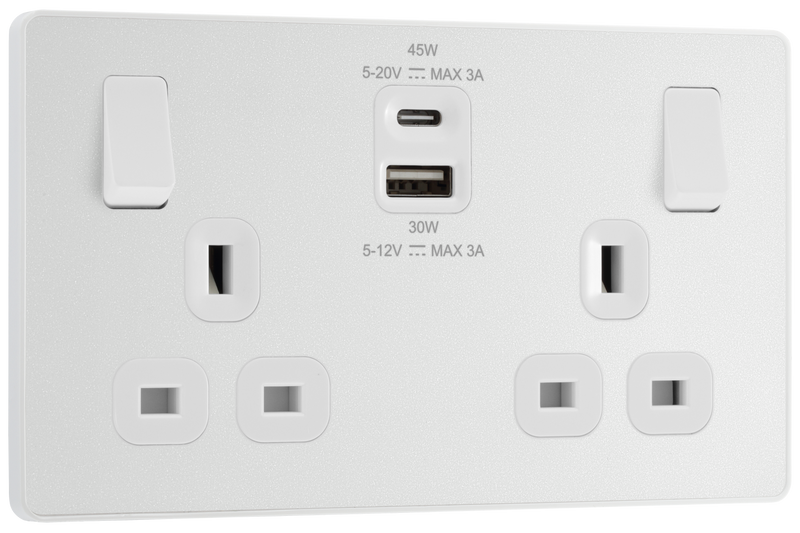 BG Electrical Evolve Pearlescent White - Double switched single pole, with USB A + C (45W)