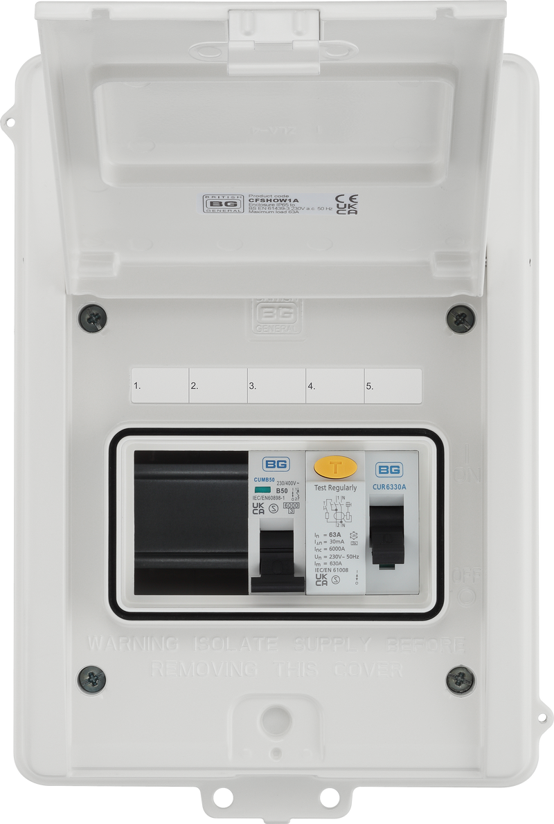 BG Circuit Protection IP65 Weatherproof - 5 module, 3 way, 63A Type A RCD, 1 MCB