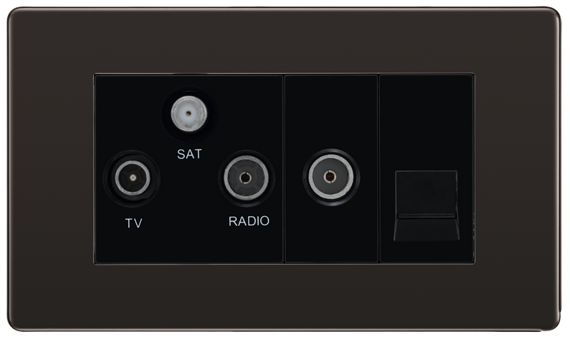 BG Electrical Flatplate Screwless Black Nickel - Triplex with BT outlet and co-axial return - screened