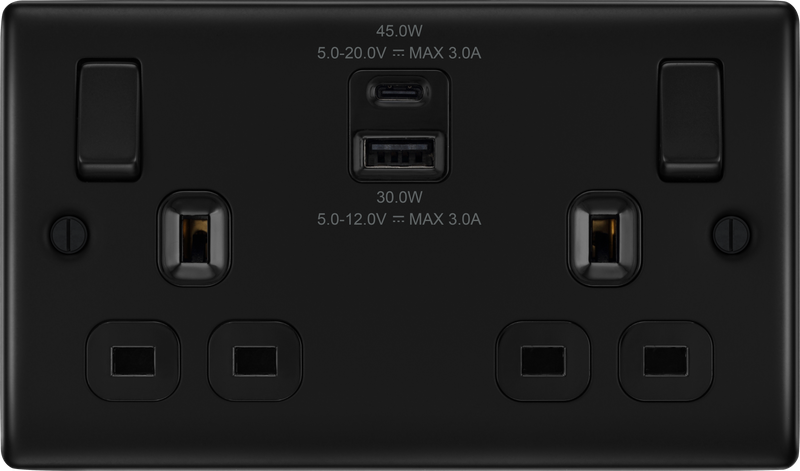 BG Electrical Nexus Metal Matt Black - Double switched single pole, with USB A + C (45W)