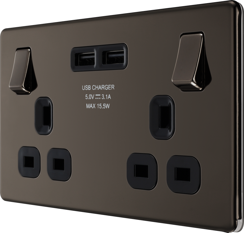BG Electrical Flatplate Screwless Black Nickel - Double switched single pole, with 2 x USB A