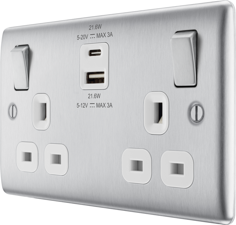 BG Electrical Nexus Metal Brushed Steel - Double switched single pole, with USB A + C (22W)
