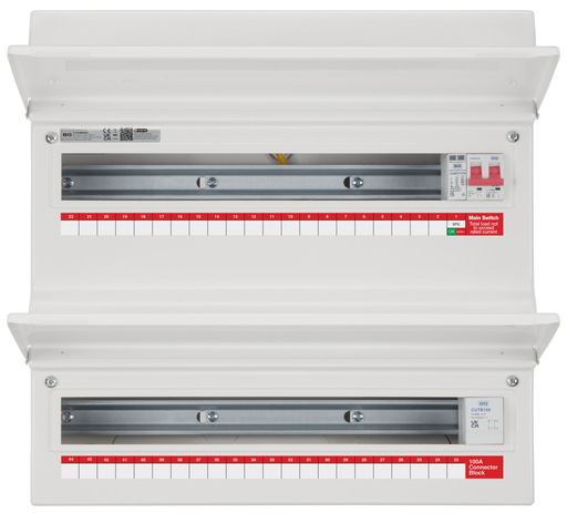 BG Circuit Protection Dual Row - 48 module, 43 way, 100A Main Switch, 100A Connector Block, Type 2 SPD