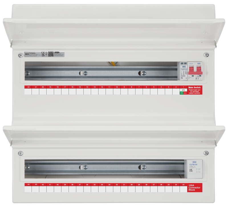 BG Circuit Protection Dual Row - 48 module, 43 way, 100A Main Switch, 100A Connector Block, Type 2 SPD