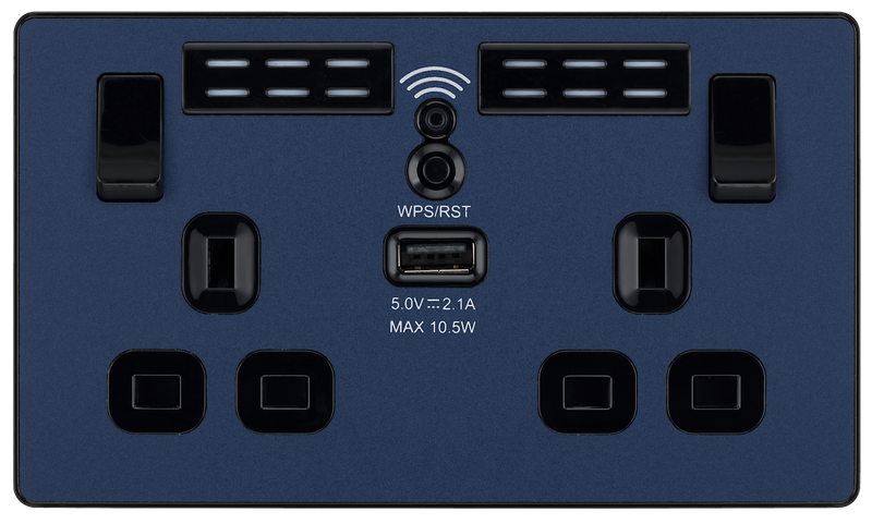 BG Electrical Evolve Matt Blue - Double, switched, single pole, WiFi Extender + USB A