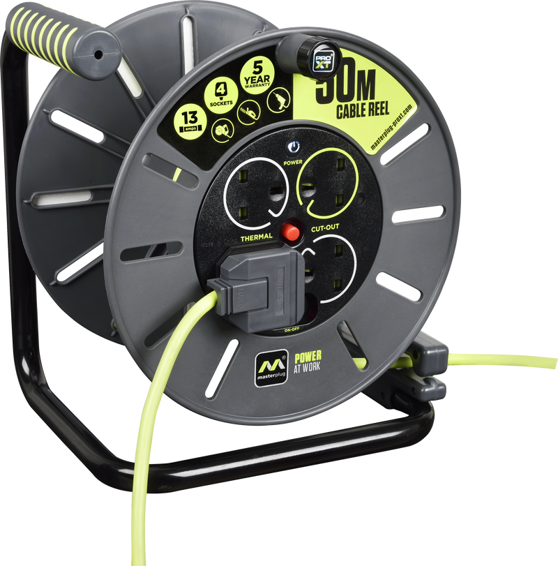 Masterplug Pro XT - 50m, 4 Sockets, 13A, Grey + Green