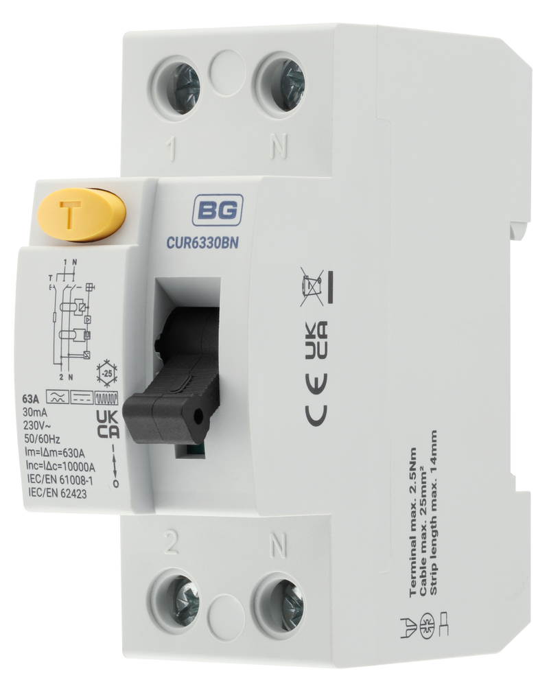 BG Circuit Protection RCD - Type B, Bidirectional RCD, Double Pole, 63A, 30mA, 2 Module