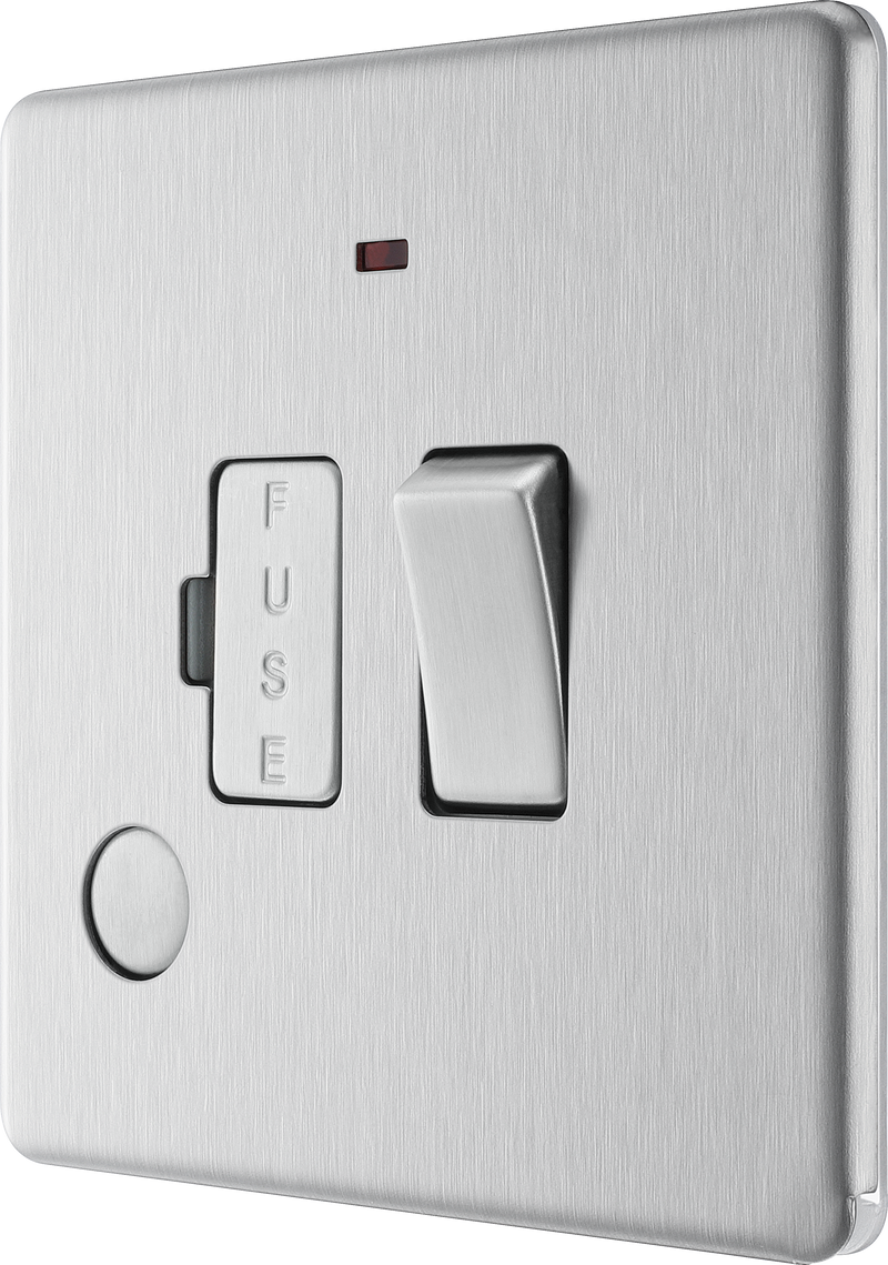 BG Electrical Flatplate Screwless Brushed Steel - Switched and fused with indicator and flex outlet