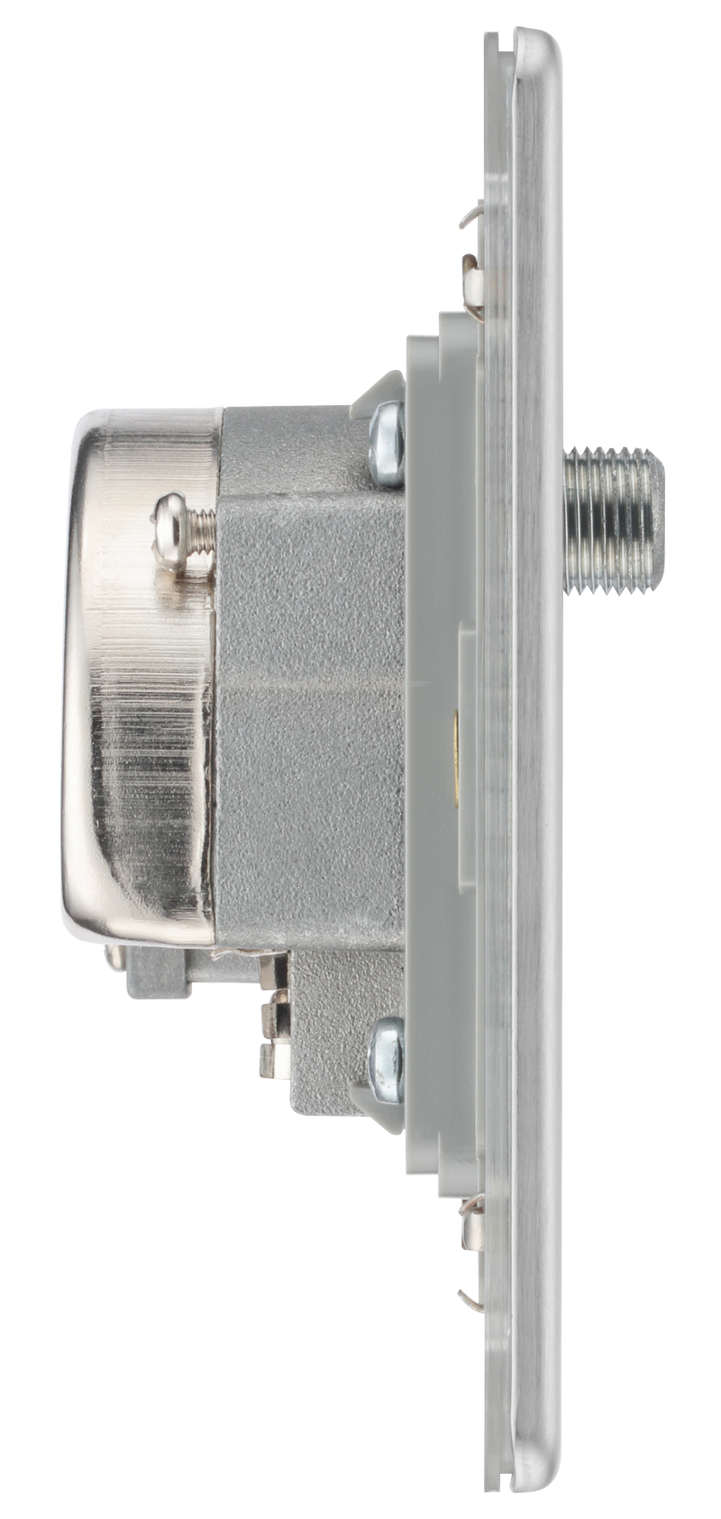 BG Electrical Flatplate Screwless Brushed Steel - Triplex with BT outlet and co-axial return - screened