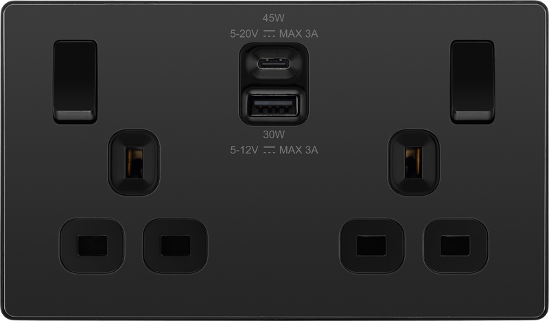 BG Electrical Evolve Black Chrome - Double switched single pole, with USB A + C (45W)