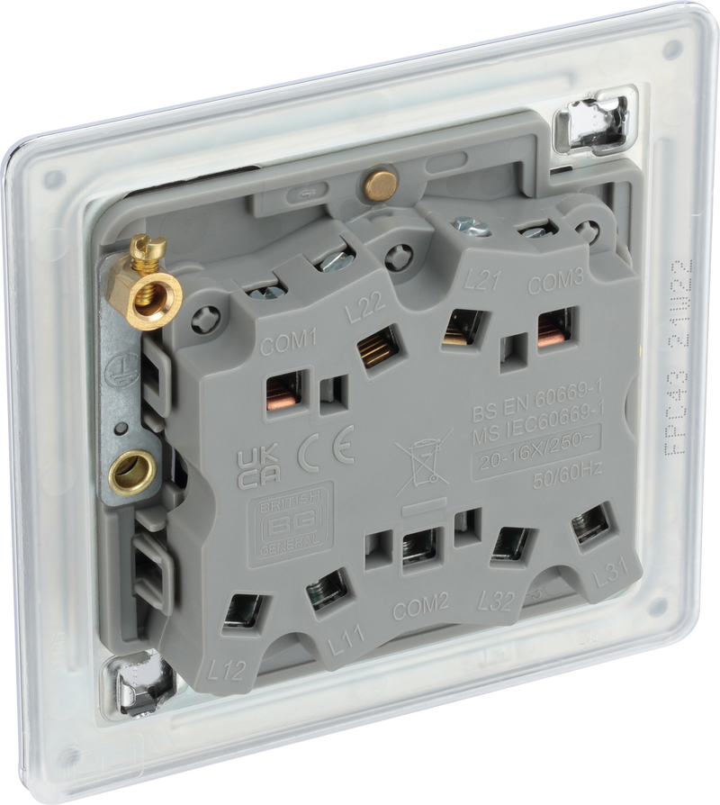 BG Electrical Flatplate Screwless Polished Chrome - Triple, 2 way switch