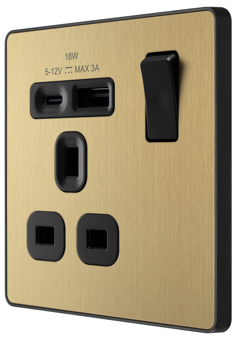 BG Electrical Evolve Satin Brass - Single, switched, single pole, with 1 x USB A + 1 x USB C
