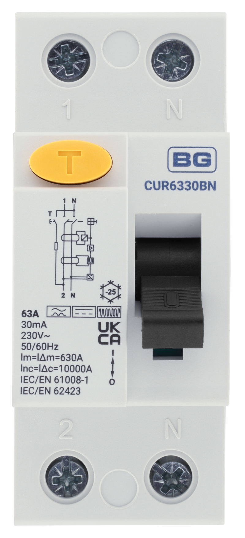 BG Circuit Protection RCD - Type B, Bidirectional RCD, Double Pole, 63A, 30mA, 2 Module