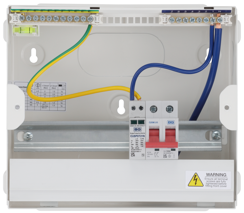 BG Circuit Protection Main Switch SPD - 9 module, 6 way, 100A Main Switch, Type 2 SPD