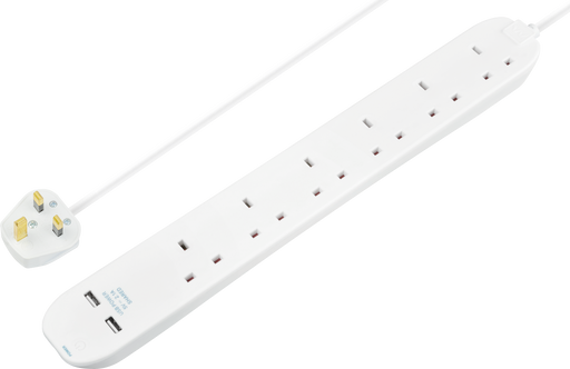 Masterplug USB - 2 x USB A, 6 Sockets, 1m, 13A, White
