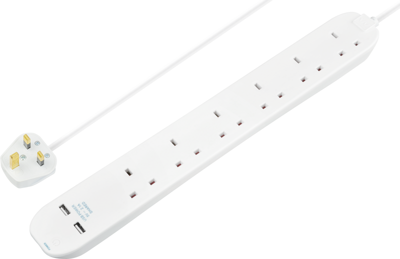 Masterplug USB - 2 x USB A, 6 Sockets, 1m, 13A, White