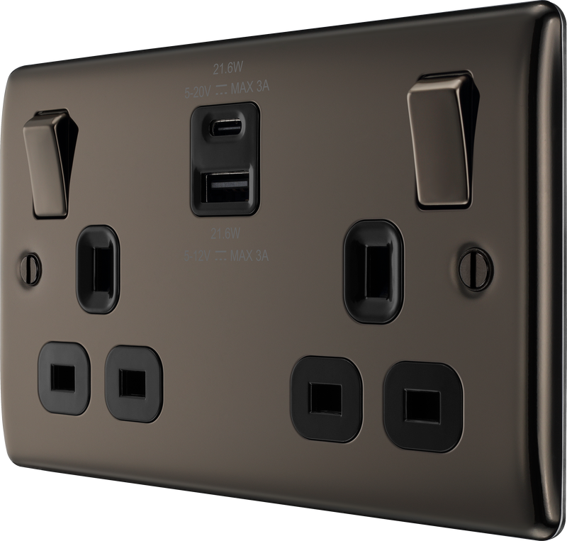 BG Electrical Nexus Metal Black Nickel - Double switched single pole, with USB A + C (22W)