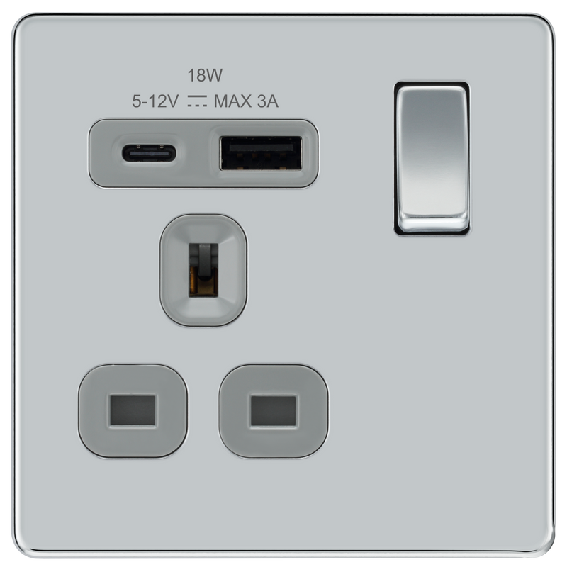 BG Electrical Flatplate Screwless Polished Chrome - Single, switched, single pole, with 1 x USB A + 1 x USB C