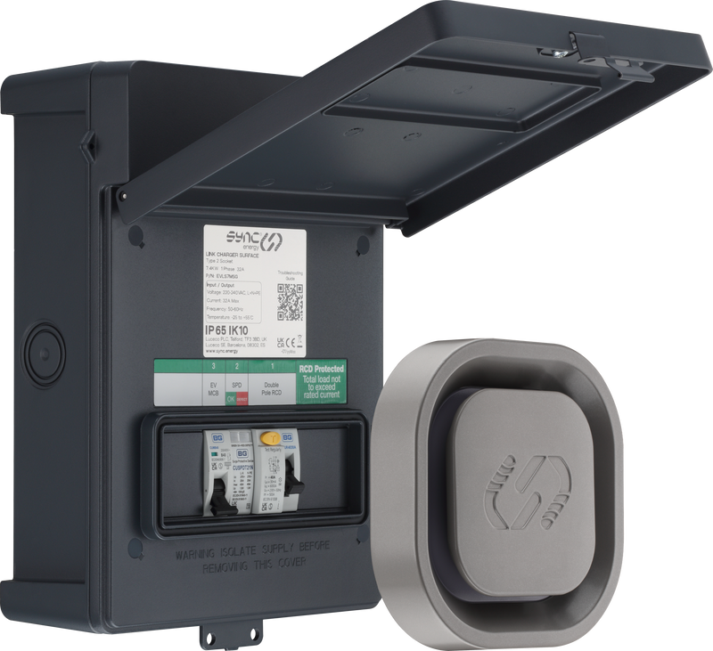 Sync Energy Link EV - Link EV Charger Recessed/Surface Socket 7.4kW with Metal Control Box - Wi-Fi / LAN + 4G Connection