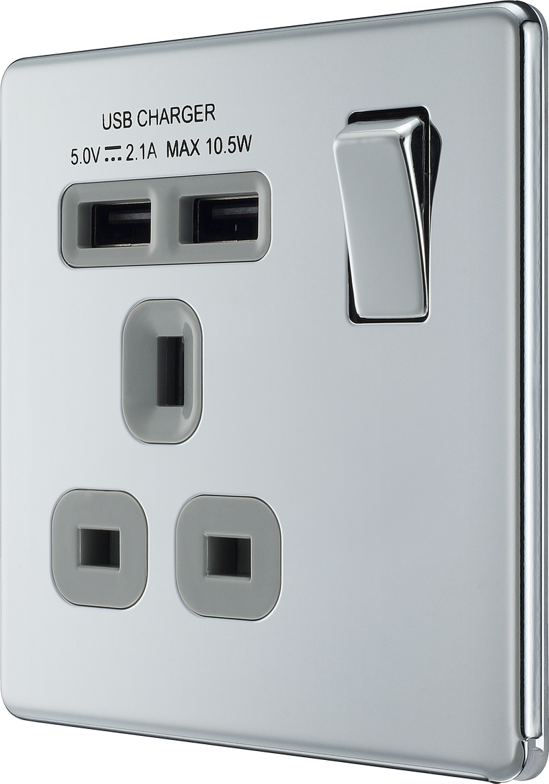 BG Electrical Flatplate Screwless Polished Chrome - Single switched, single pole, with 2 x USB A