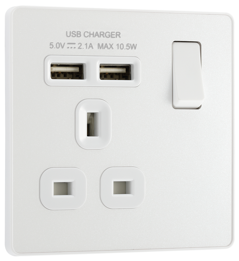 BG Electrical Evolve Pearlescent White - Single, switched, single pole, with 2 x USB A