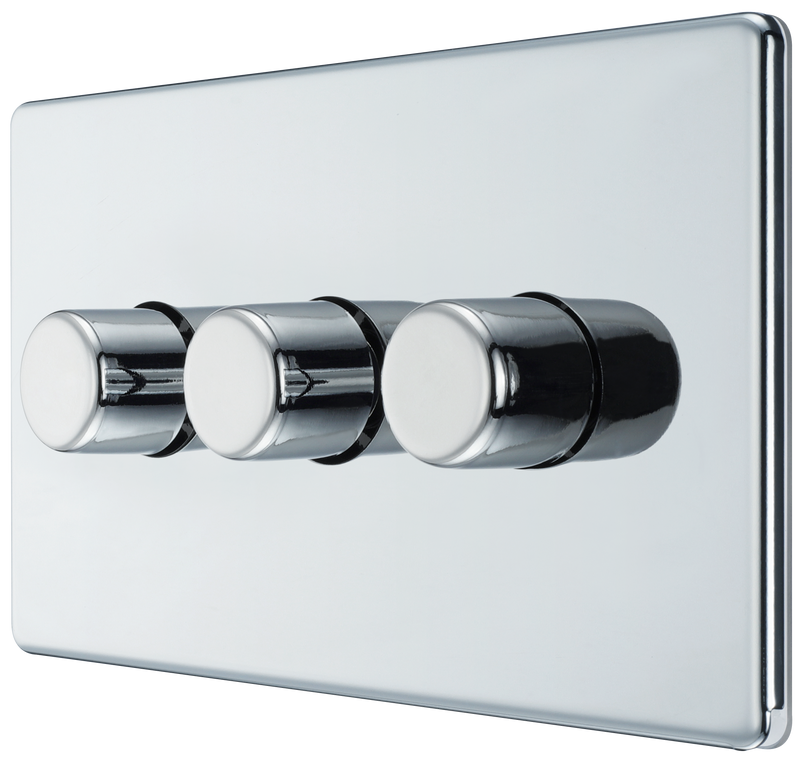 BG Electrical Flatplate Screwless Polished Chrome - Triple, 2 way push 200W