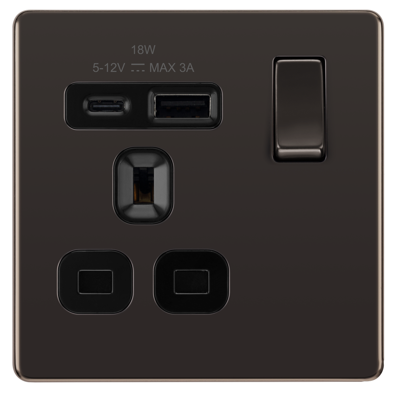 BG Electrical Flatplate Screwless Black Nickel - Single, switched, single pole, with 1 x USB A + 1 x USB C