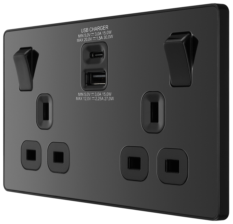BG Electrical Evolve Black Chrome - Double, switched, single pole, with 30W fast charge USB A + USB C