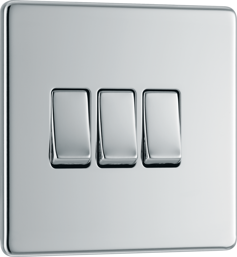BG Electrical Flatplate Screwless Polished Chrome - Triple, 2 way switch