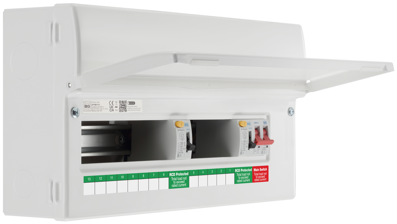 BG Circuit Protection Dual RCD - 19 module, 13 way, 100A Main Switch, 2 x 100A Type A RCD