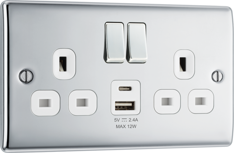BG Electrical Nexus Metal Polished Chrome - Double switched single pole, with USB A + C (12W)