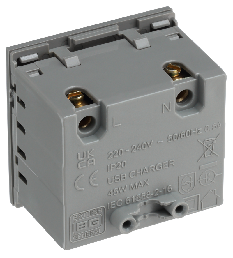 BG Electrical Euro Module - 45W USB A+C Euro Module - Grey