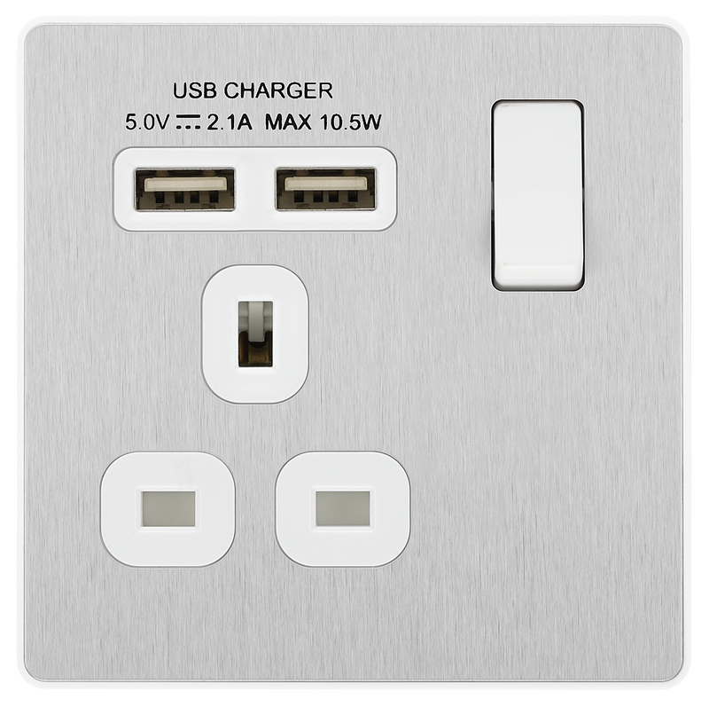 BG Electrical Evolve Brushed Steel - Single, switched, single pole, with 2 x USB A