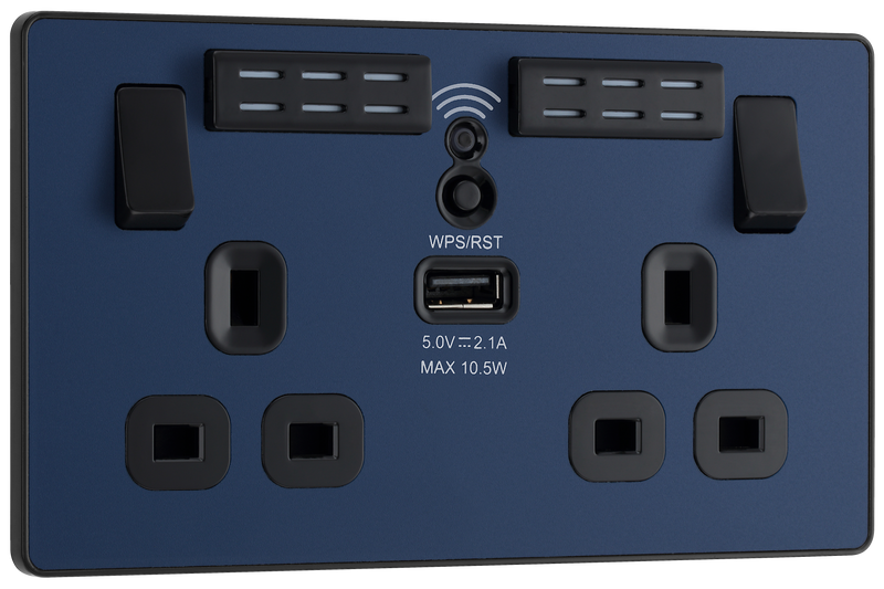 BG Electrical Evolve Matt Blue - Double, switched, single pole, WiFi Extender + USB A