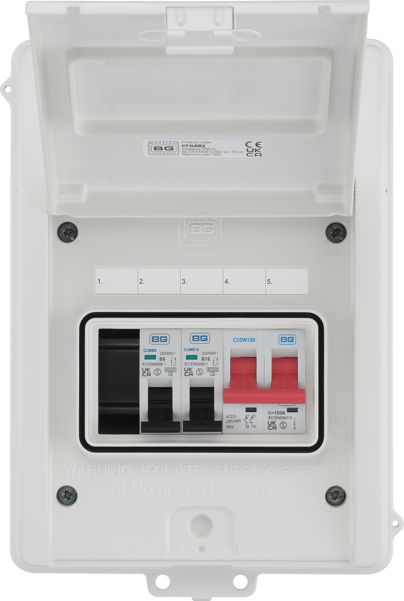 BG Circuit Protection IP65 Weatherproof - 5 module, 3 way, 100A Main Switch, 2 MCB's