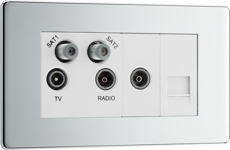 BG Electrical Flatplate Screwless Polished Chrome - Quadplex, 2 x sat, BT outlet and co-ax returned - screened