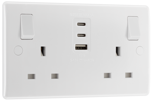 BG Electrical 800 Series - Double, switched, single pole, with 1 x A and 2 x C type USB (30W)