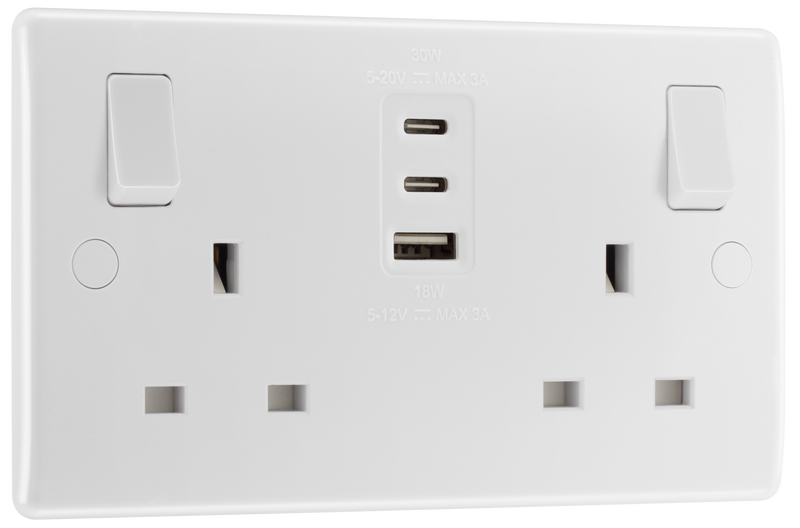 BG Electrical 800 Series - Double, switched, single pole, with 1 x A and 2 x C type USB (30W)