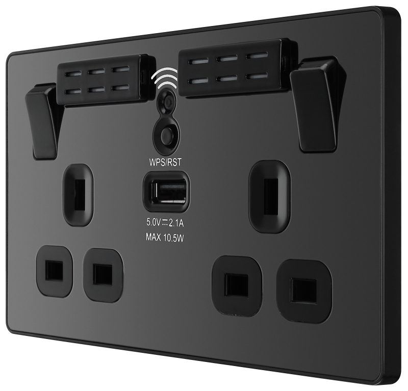 BG Electrical Evolve Black Chrome - Double, switched, single pole, WiFi Extender + USB A