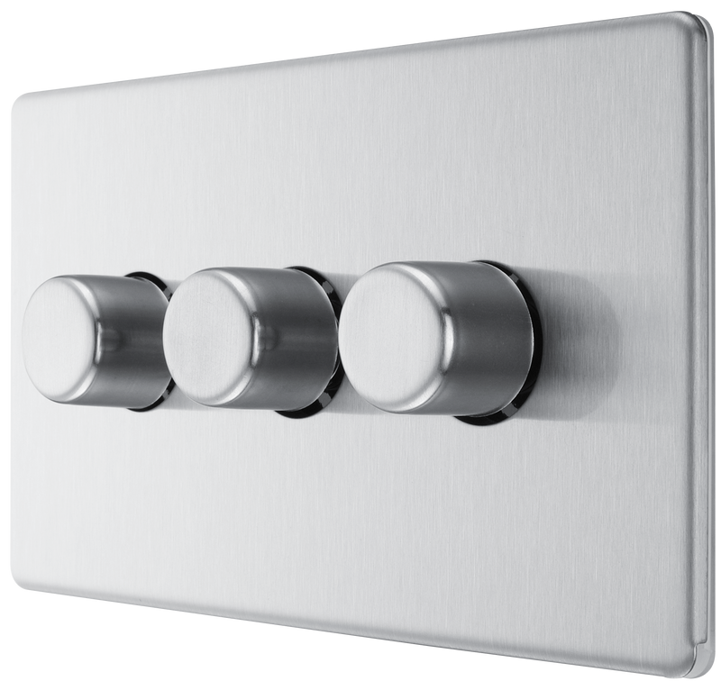 BG Electrical Flatplate Screwless Brushed Steel - Triple 2 way push 200W