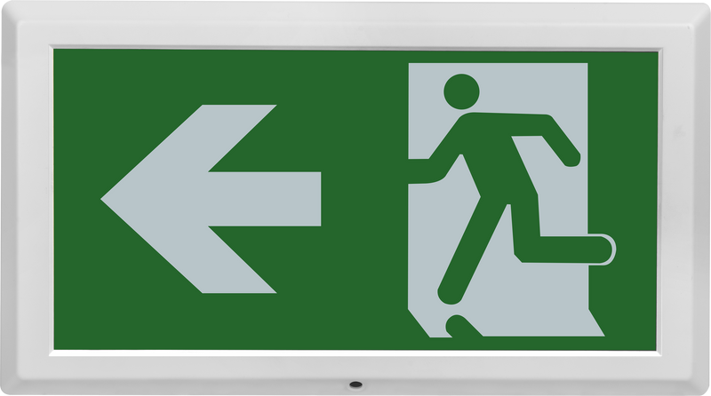 Luceco Exit Box - Tempus emergency exit box self-test with left legend