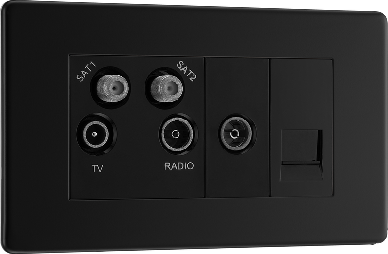 BG Electrical Flatplate Screwless Matt Black - Quadplex 2 x sat, BT outlet and co-ax returned - screened