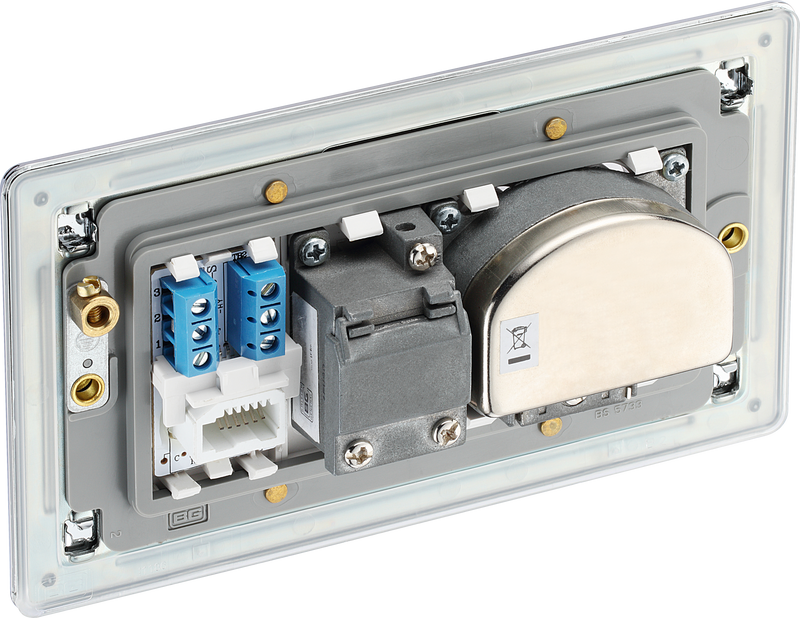 BG Electrical Flatplate Screwless Polished Chrome - Quadplex, 2 x sat, BT outlet and co-ax returned - screened