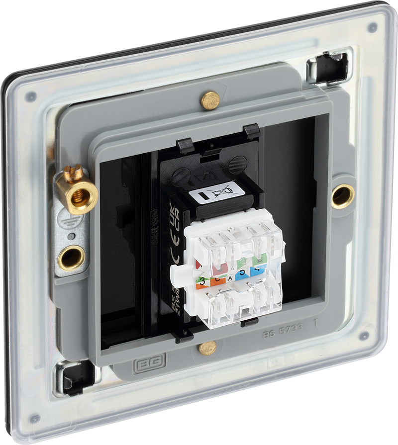 BG Electrical Flatplate Screwless Matt Black - Single, RJ45 data socket