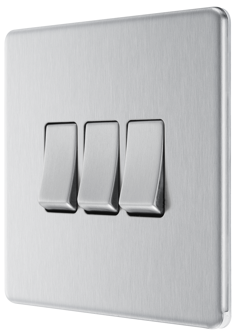 BG Electrical Flatplate Screwless Brushed Steel - Triple, 2 way switch
