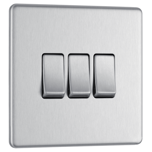 BG Electrical Flatplate Screwless Brushed Steel - Triple, 2 way switch