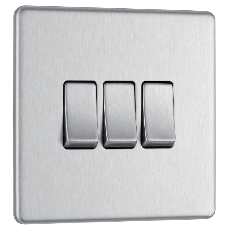 BG Electrical Flatplate Screwless Brushed Steel - Triple, 2 way switch