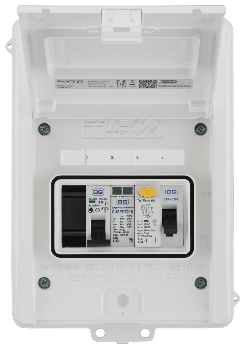 Sync Energy EV Circuit Protection - 5 Module EV Consumer Unit 40A with RCD, SPD, MCB, IP65 - White