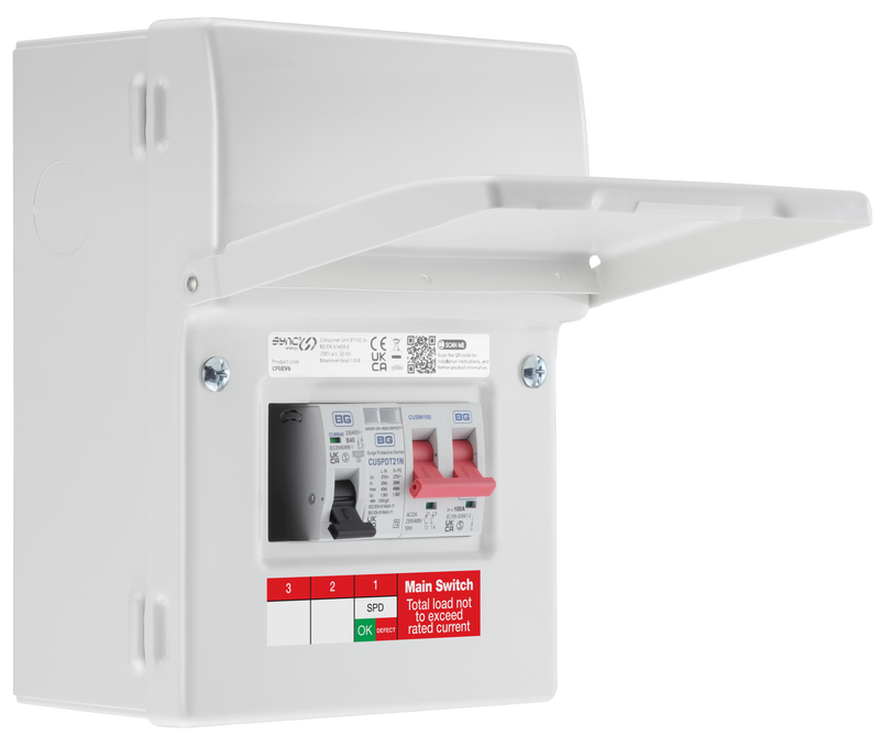Sync Energy EV Circuit Protection - 5 Module EV Consumer Unit 100A with Main Switch, MCB SPD, IP20 - White