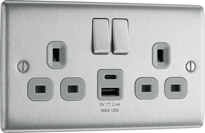 BG Electrical Nexus Metal Brushed Steel - Double switched single pole, with USB A + C (12W)
